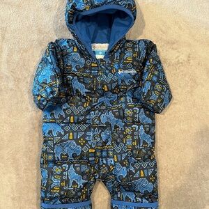 EUC 0-3M Columbia Infant Snuggly Bunny Down Bunting Snowsuit in Woodland Print